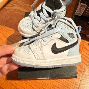 Jordan 1 toddler Sneakers in White, Black, and Ice blue